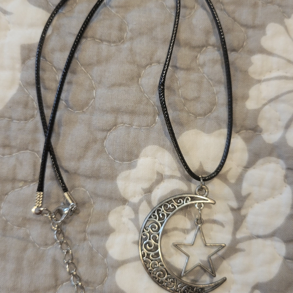 Silver Crescent Moon and Star Pendant Necklace